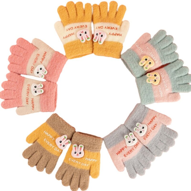 Crianças luvas infantis 3-5 anos velo luvas de inverno bebê neve dedos completos feliz todos os dias coelho acessórios meninas mitts