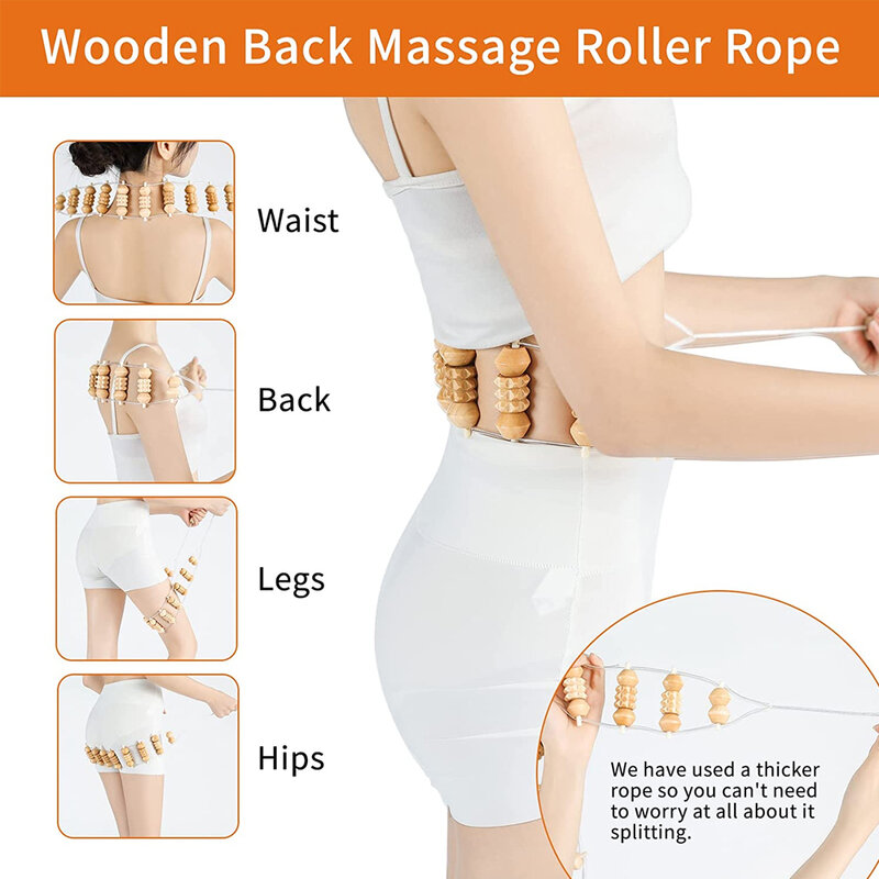 Rodillo de madera para masaje de espalda, 1 piezas, drenaje linfático, herramientas de masaje de espalda de madera, masajeador muscular de cuerda para espalda, hombros y cuerpo entero
