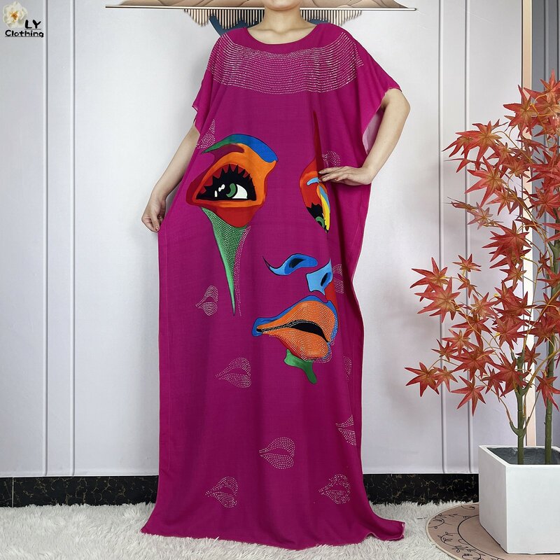 2024New Abaya Loose Short Sleeve African Dashiki Pattern Printing Soft Cotton Woman Elegant Maxi Islam Lady Dress With Big Scarf