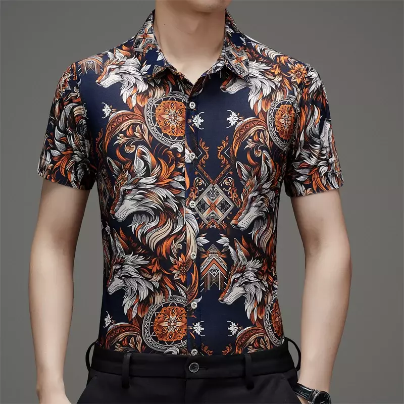 Camisa de seda gelo masculina de manga curta estampada floral, camisa casual anti-rugas, sem ferro, verão, nova