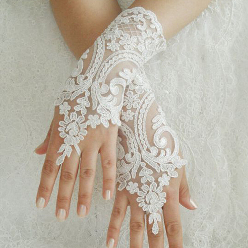Damskie koronki ślubne rękawiczki krótkie rękawiczki bez palców kość słoniowa kwiatowe rękawiczki czarne przezroczyste akcesoria ślubne w stylu Vintage