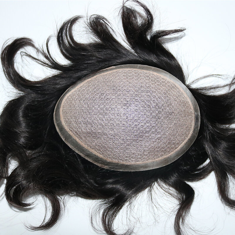 Peluca de cabello humano liso para hombre, peluquín con Base de seda, encaje M, unidad de sistema de reemplazo de cabello Invisible, Color Natural