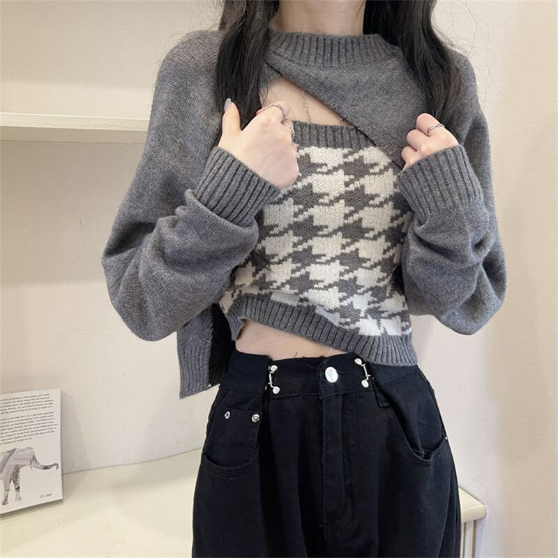 Fashion O-Neck Spliced Houndstooth Sweaters Female Clothing 2023 Autumn Winter Slim Knitted Korean Pullovers Irregular Tops