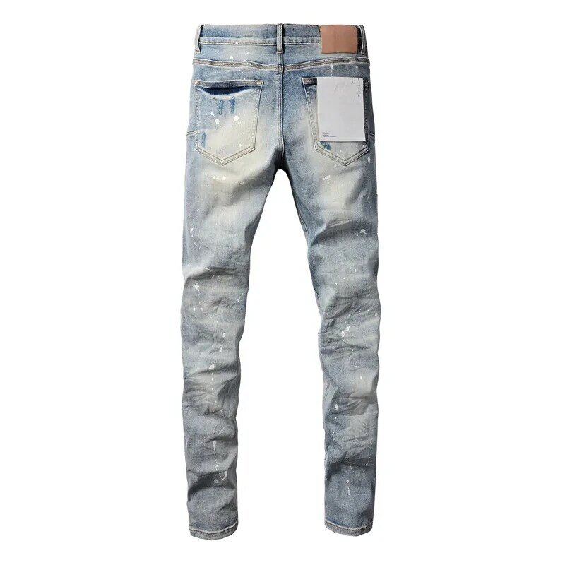 Ungu Roca merek jeans high street biru robek tertekan mode kualitas tinggi perbaikan rendah naik celana denim kurus celana