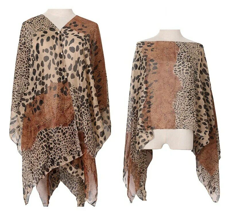 Summer 2024 Women Sunscreen Shawl Leopard Print Imitation Silk Scarf Shawl Pearl Buckle Cloak Lady Poncho Capes Coffee