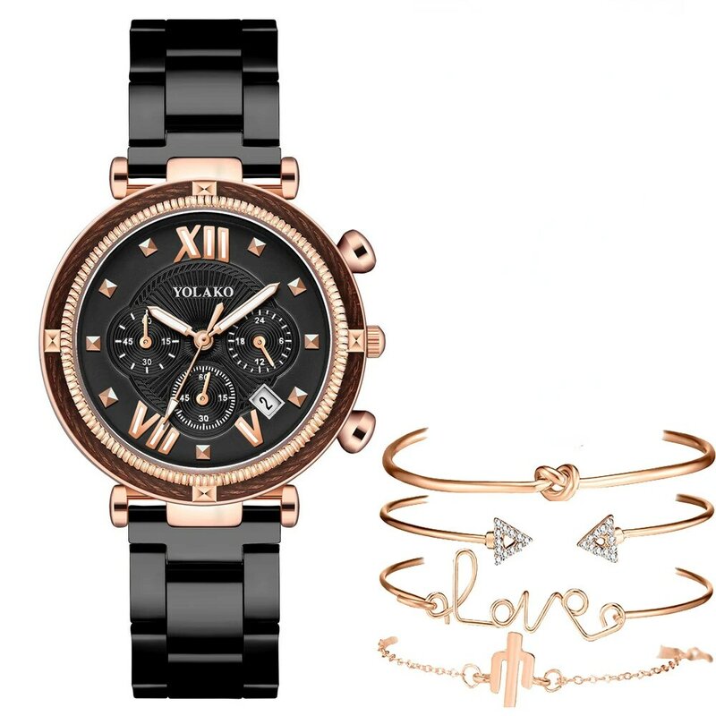 แฟชั่น5Pcs เซ็ตนาฬิกาผู้หญิงสีฟ้านาฬิกาผู้หญิงสแตนเลสอัตโนมัติวันที่นาฬิกาข้อมือควอตซ์ Montre Pour Femme Reloj Mujer 2022