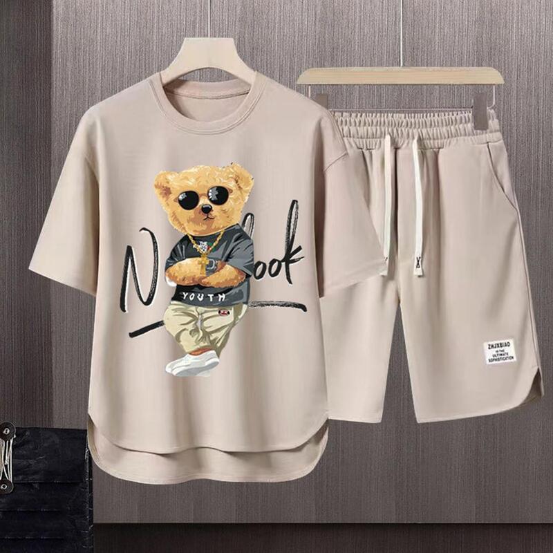 Conjunto de camiseta estampada urso masculino, roupas esportivas, agasalho estampado urso dos desenhos animados, roupa esportiva de manga curta, verão