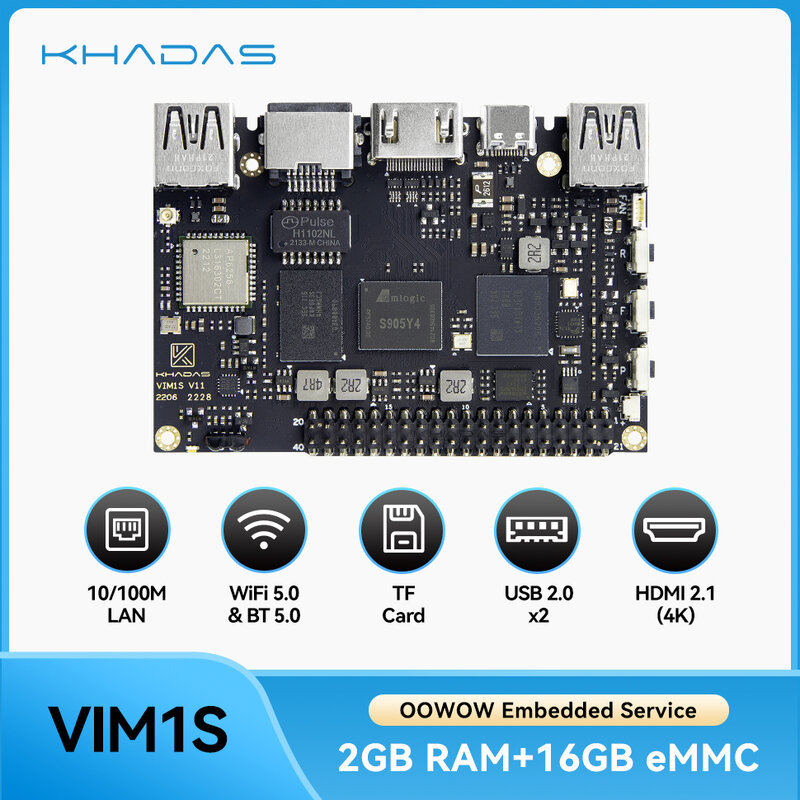 Khadas Vim 1S Single Board Computer Amlogic S905y4 2Gb 16Gb Sbc Ondersteuning 2.4G/5G Wifi Bluetooth 5.0, Multi-Video Dec 4K Tf Kaart