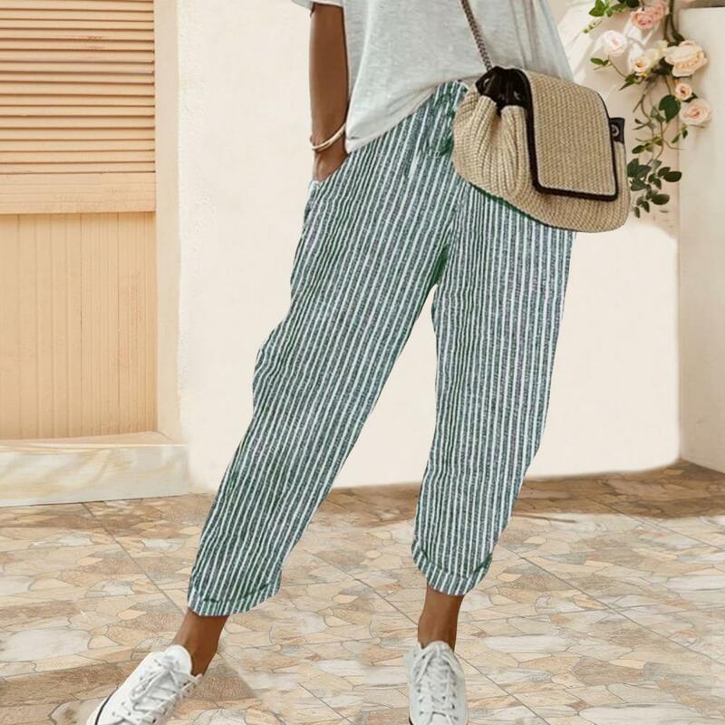 Women Vertical Stripe Pants Striped Loose Fit Trousers Striped Printed Loose Fit Pants with Adjustable for Women for Leisure