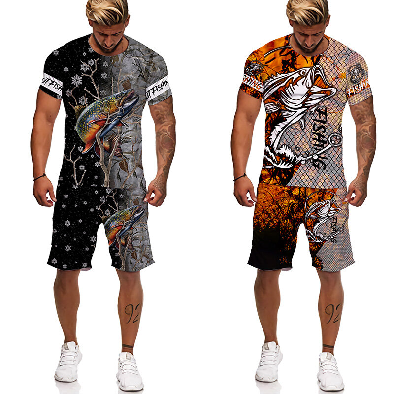 YUHA-Conjunto masculino de camiseta e shorts para pesca carpa em 3D, roupas de treino com gola O, manga curta, roupas masculinas legais, engraçadas, verão