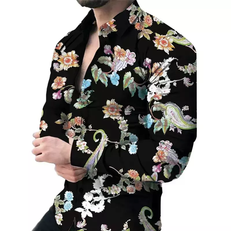 남성 의류 꽃 패턴 티셔츠 탑 라펠 셔츠, 패션 트렌드, 핫 세일, 레트로 캐주얼 남성 플러스 사이즈, 2023
