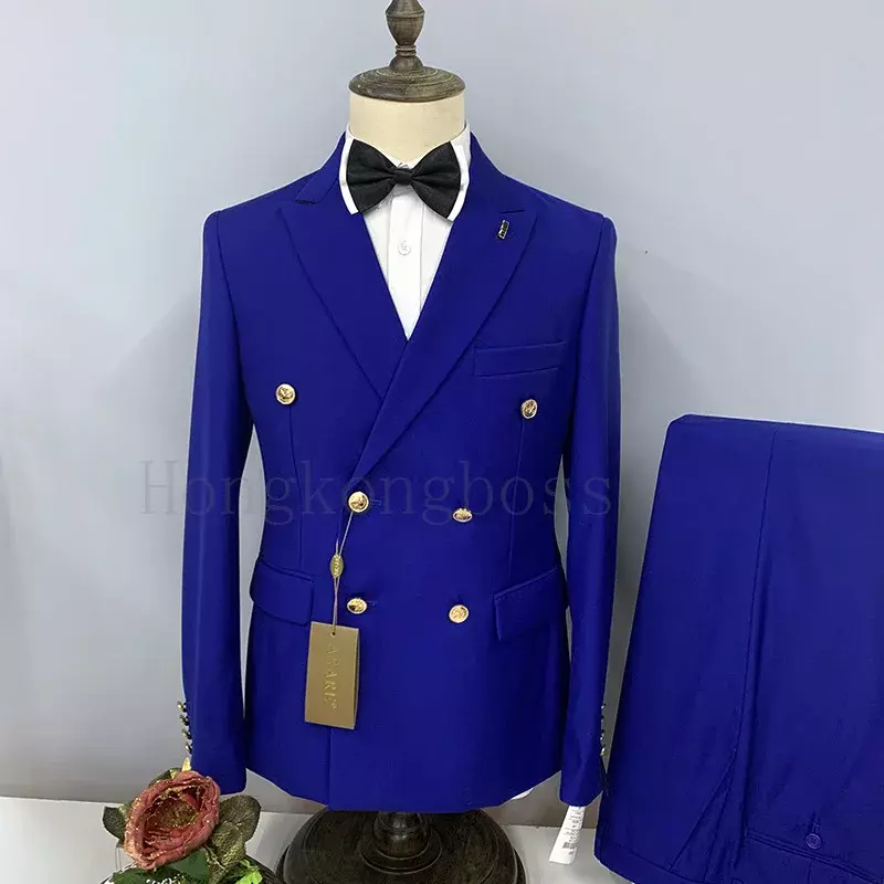 2023 New Men Casual Boutique Business Slim Solid Color Double Breasted Formal Suit 2 Pcs Set Dress Blazers Jacket Pants Trousers