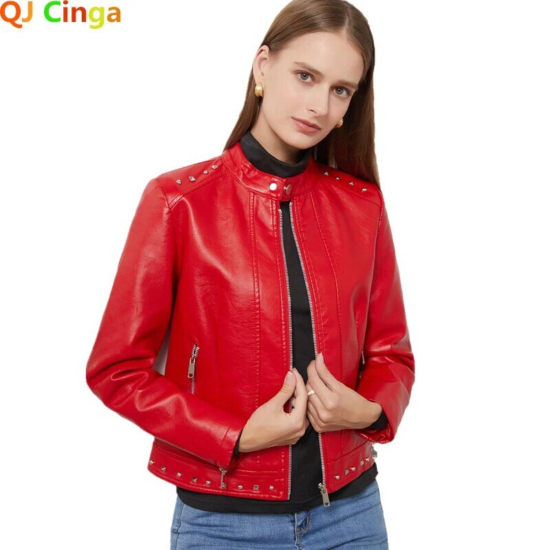 Jaquetas de couro PU falso macio para mulheres, manga comprida, rebites design fino, casual outwear, preto e vermelho, moda primavera e outono, 2022