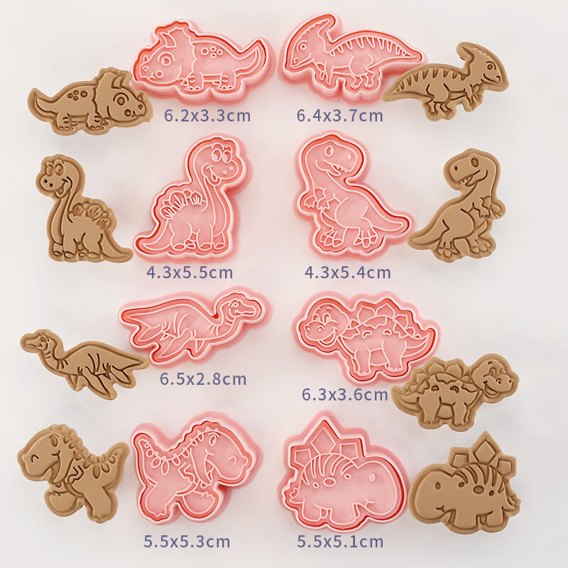 8 Stks/set Cookie Cutters Plastic 3D Dinosaurus Vorm Cartoon Pressable Biscuit Mold Cookie Stamp Keuken Bakken Gebak Bakvormen