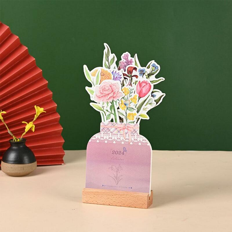 2024 Bloomy Flower Desk Calendar Creative Wooden Card Calendar alta qualità Desktop Calendar Illustrator decora le forniture