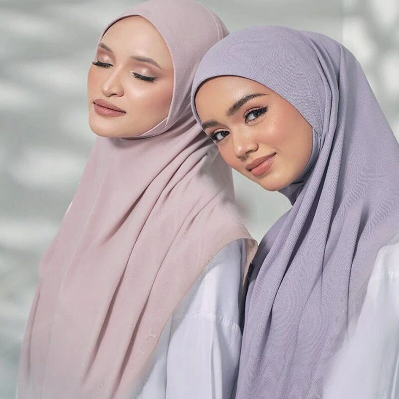 2022 Baru Syal Jersey Hijab Muslim Wanita Siap Dipakai Hijab Islami Solid Foulard Femme Mulman Wrap Bandana Headwrap