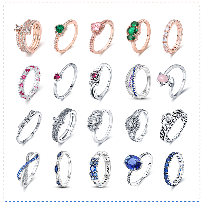 Penjualan terlaris 2024 cincin wanita asli baru 100% 925 perak murni bentuk hati merah muda bintang bulan kepingan salju cincin zirkon perhiasan
