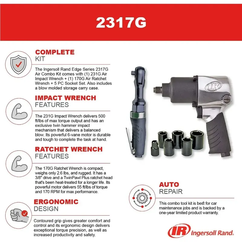 New 2317G Edge Series Kit with 231G Air Impact & 170G Air Ratchet Wrench, 5 Piece Socket Set and Storage Carry Case | USA | NEW
