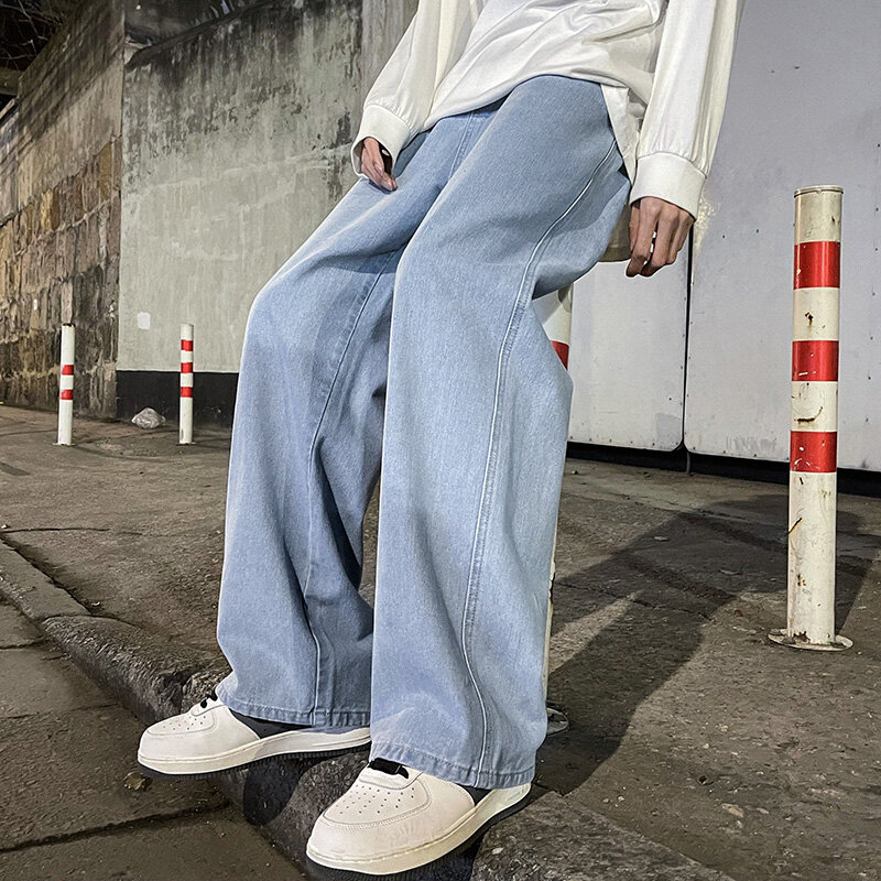 Koreaanse Mode Heren Baggy Jeans Elastische Taille Klassieke Olid Kleur Straight-Leg Denim Wijde Pijpen Broek Mannelijk Lichtblauw Grijs Zwart