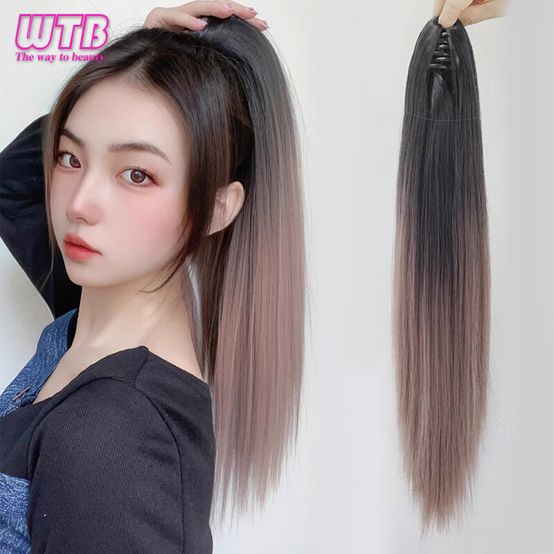 WTB Wig rambut palsu panjang lurus, rambut palsu sintetis ekor kuda tinggi gradien alami untuk memperpanjang rambut
