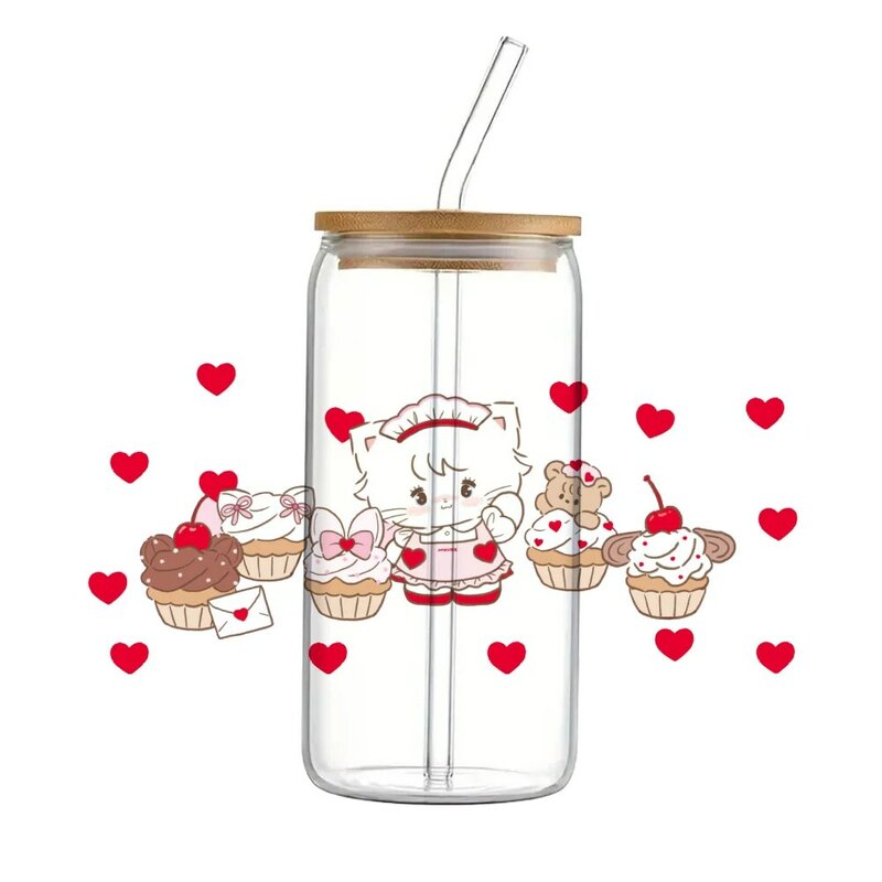 Vidro de proteção de água para lata de café, série japonesa, rosa, bonito, 3d, impermeável, uv, dtf, 16oz