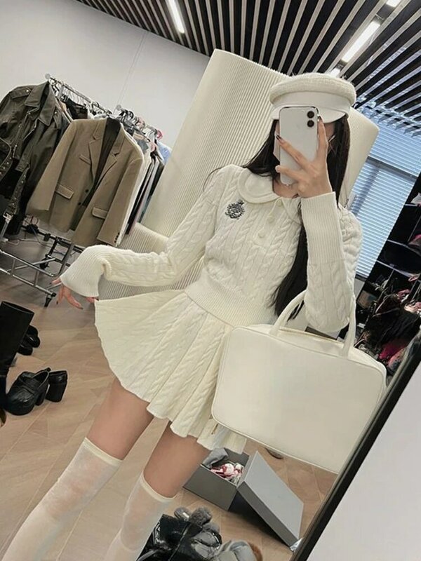 2023 Autumn Preppy Style Knitted Clothing Suit Woman Slim Kawaii Swearter Tops Casual Y2k Mini Skirt Woman Fashion 2 Piece Set