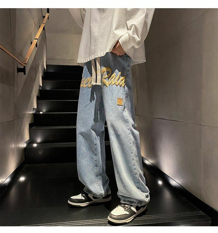 Pantalones vaqueros con estampado de letras de espuma para hombre, ropa de calle Retro de Hiphop americano, holgados y rectos, Y2k, novedad