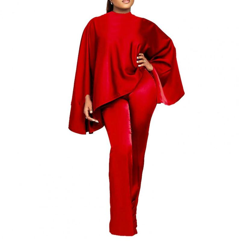 2Pcs/Set Women Faux Satin Tops Long Pants Set Solid Color Elastic Batwing Long Sleeve Lady Outfit Women's Clothing