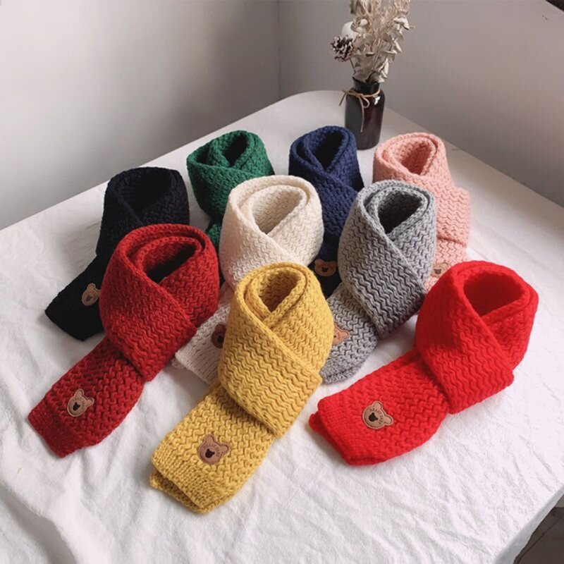 Winter Warm Knit Scarf Lovely Kids Unisex Thick Warm Scarves Cartoon Bear Pattern Long Muffler Baby Knitted Neckerchief