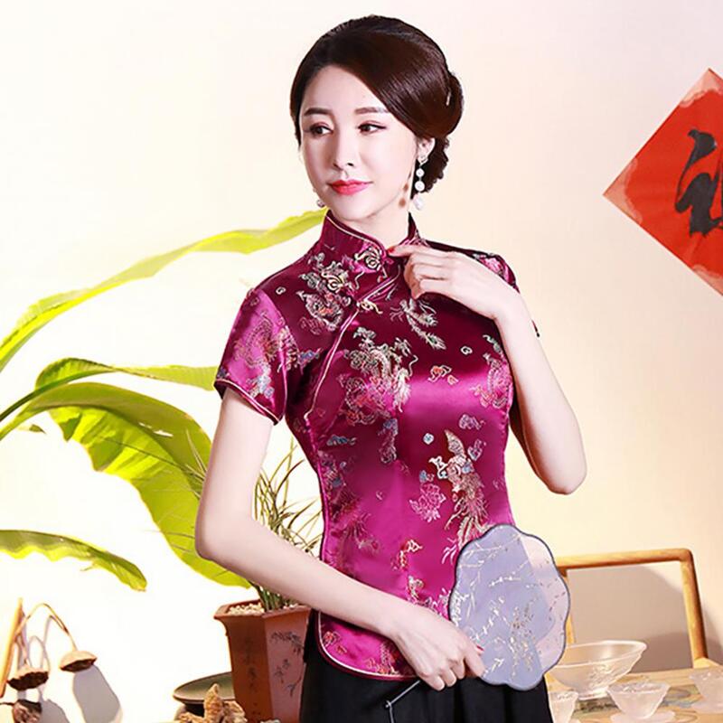 Vrouwen Blouse Shirt Chinese Traditionele Cheongsam Qipao Dragon/Phoenix Cheongsam Borduurwerk Korte Mouw Vrouwen Shirt Top Oversized