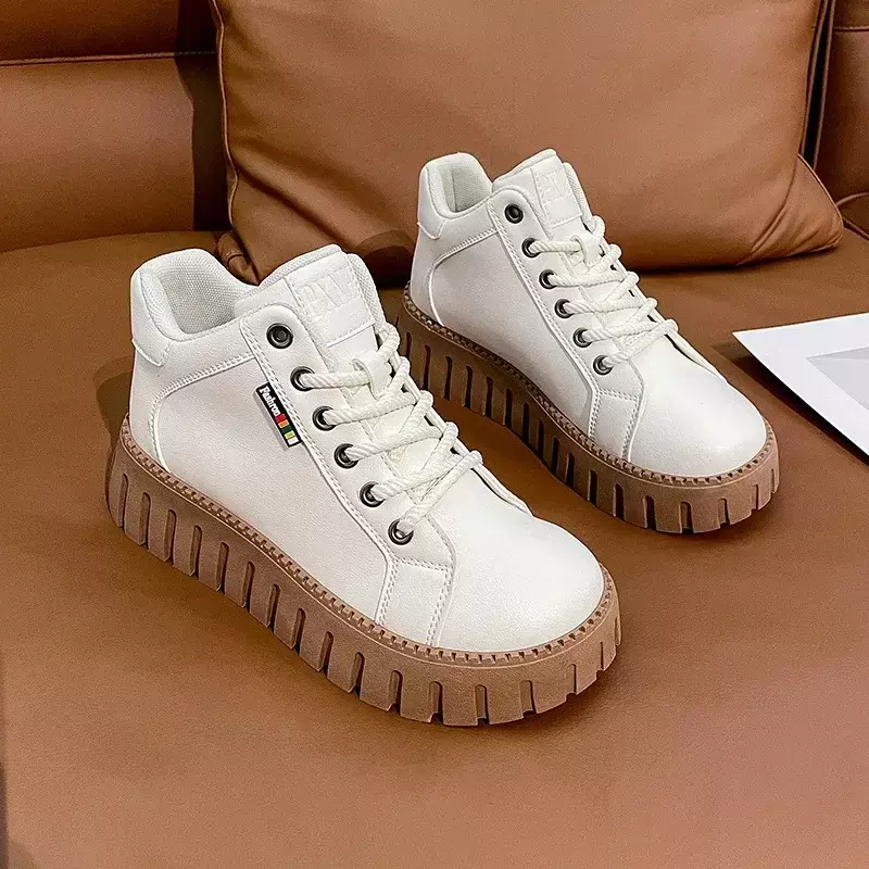 Women Korean Plus Velvet Warm White Shoes Female High-top Thick-soled Sneakers Lace Up Casual Platform Cotton Shoes 2024