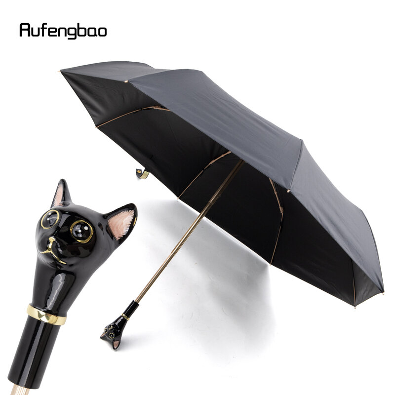 Payung pria wanita gagang anak kucing hitam, payung otomatis lipat perlindungan UV payung tahan angin dan hujan