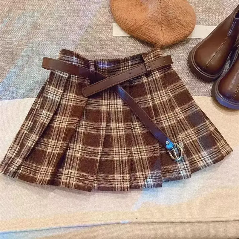 Плиссированная клетчатая юбка с поясом для девочек, на весну-лето