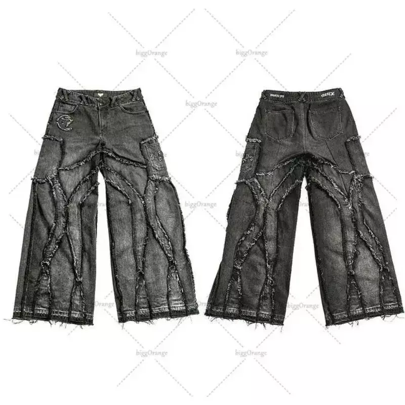 Y2k jeans ripped rap style loose washed plus size clothing men's floor mopping trousers streetwear punk hip hop trousers