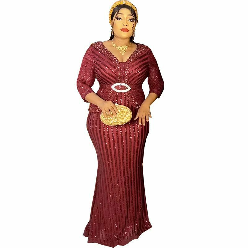 2023 afrikanische Hochzeits feier Kleider für Frauen elegante afrikanische V-Ausschnitt Ärmel Polyester Pailletten lange Maxi kleid afrikanische Kleidung