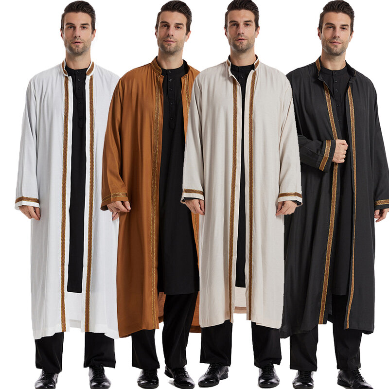 Männer öffnen Abaya Muslim Saudi Jubba Thobe islamische Kleidung Ramadan Kimono Langarm Robe Kaftan Dubai Stand Kragen arabisches Kleid