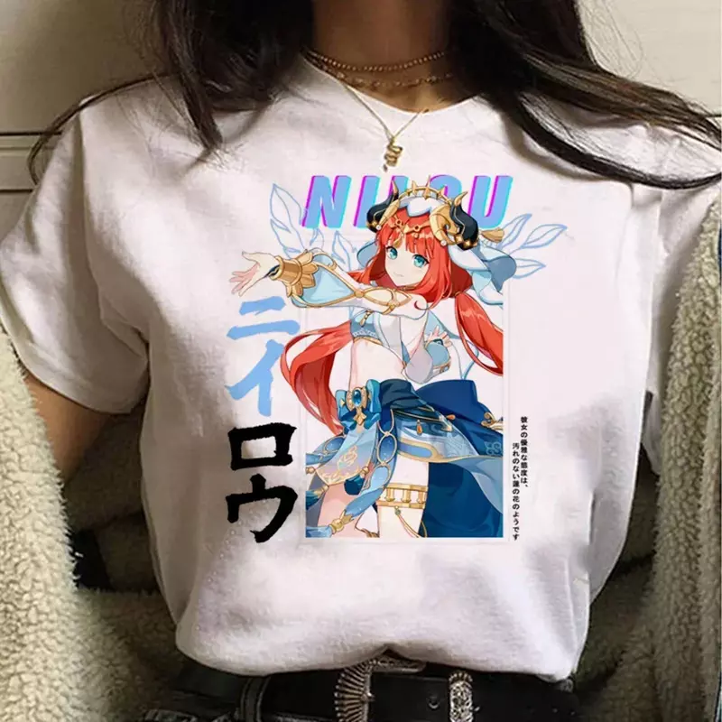 Женские футболки с забавным аниме принтом Genshin Impact, уличная одежда в стиле Харадзюку, повседневные топы с круглым вырезом и коротким рукавом в стиле унисекс, лето 2024