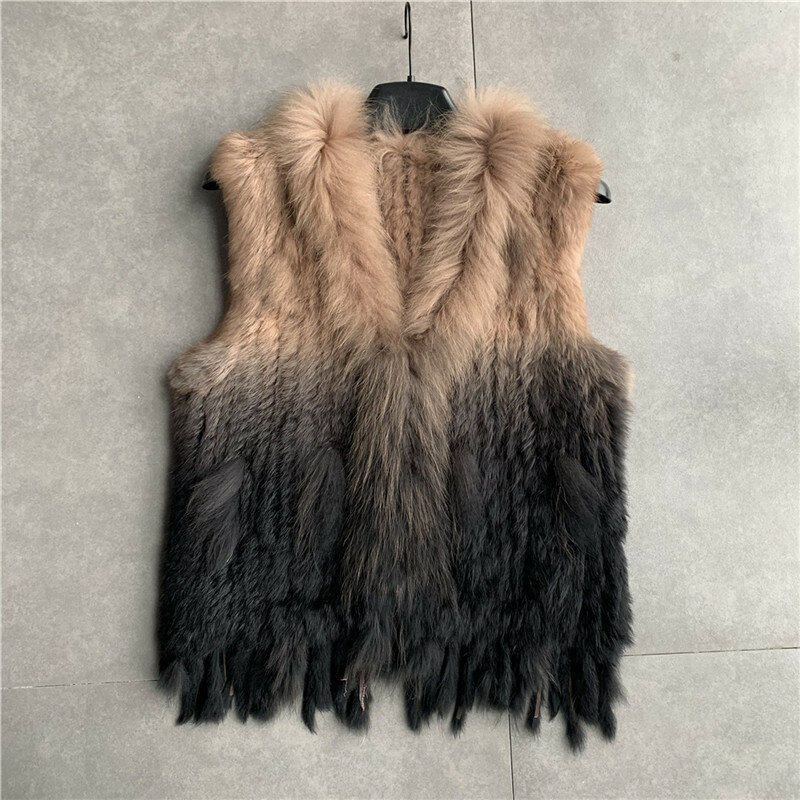 Chaleco de piel de conejo Real Natural para mujer, chaquetas de punto con cuello de piel de mapache, VR001, Invierno