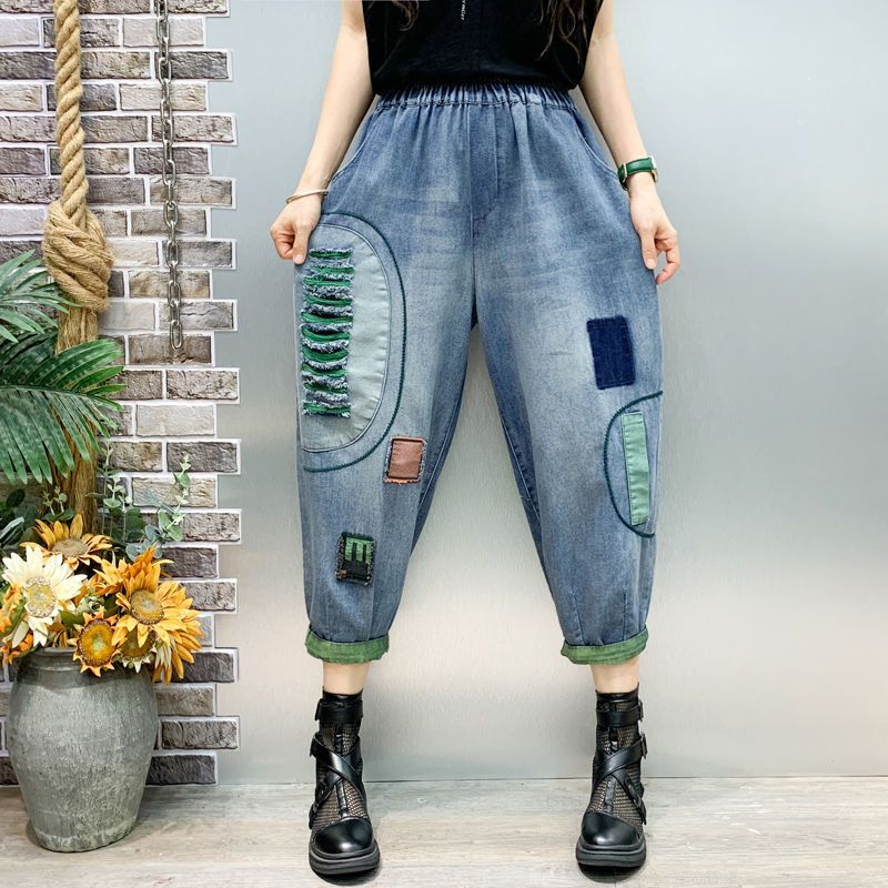 Damskie wiosenne i jesienne Retro z roztargnianymi dziurami z elastyczny, wysoki w talii luźne uniwersalne kieszenie jeansowe spodnie Harlan
