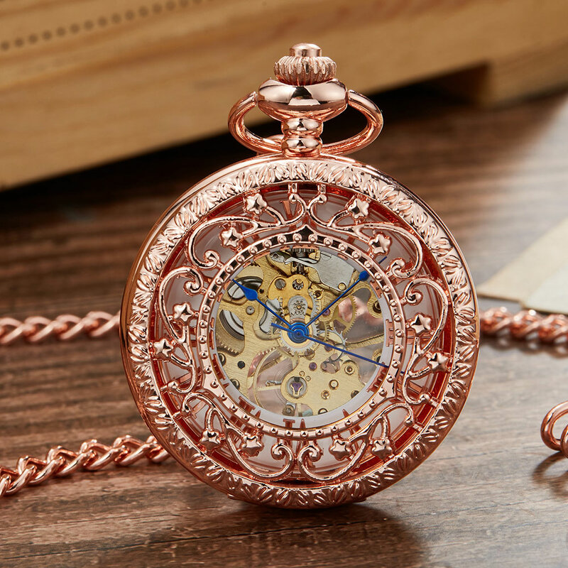 Rose Gold Mechanical Pocket Watch With Chain Steampunk Skeleton Hollow Hand-winding Pendant Clock Men Women Relógio de bolso