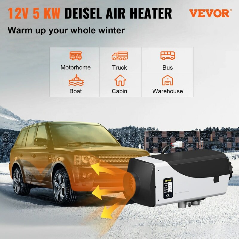 VEVOR-Diesel Air Heater, Aquecedor de Estacionamento com Termostato LCD, Controle Remoto, Silenciador para Trailer Bus RV, Motor Home e Barcos, 5kW, 12V