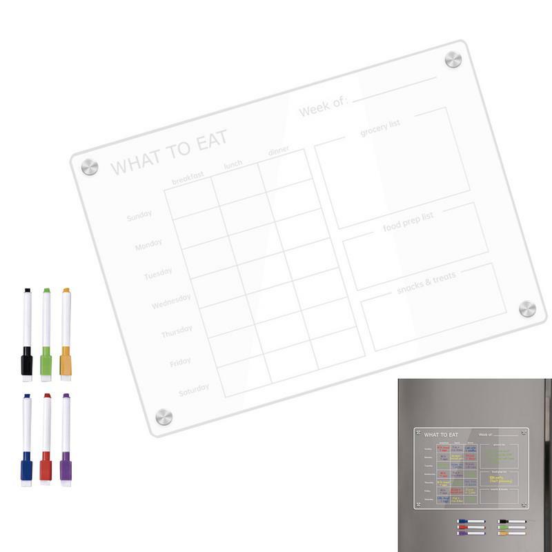 Tableau de planification de calendrier de préparation de repas en acrylique transparent, permis de repas pour réfrigérateur, 6 stylos colorés, bloc-notes effaçable avec aimant