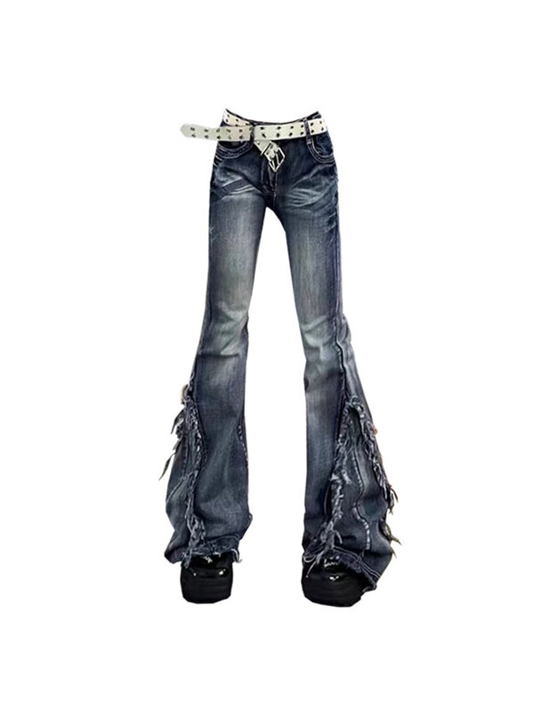 Amerikaanse Retro Y 2K Flare Jeans Gekrast Slanke Bell Bottoms Vrouwen Mode Gyaru Denim Broek Raw Edge Broek Hiphop High Street
