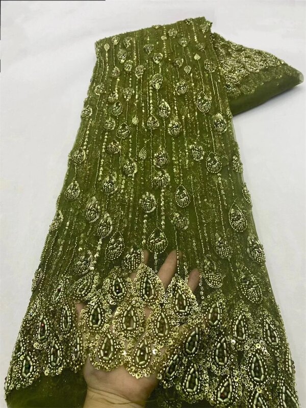 Tecido de renda branca com lantejoulas para costura, tecido bordado frisado, moda nigeriana, luxo, 5 Yds, DYa01-2