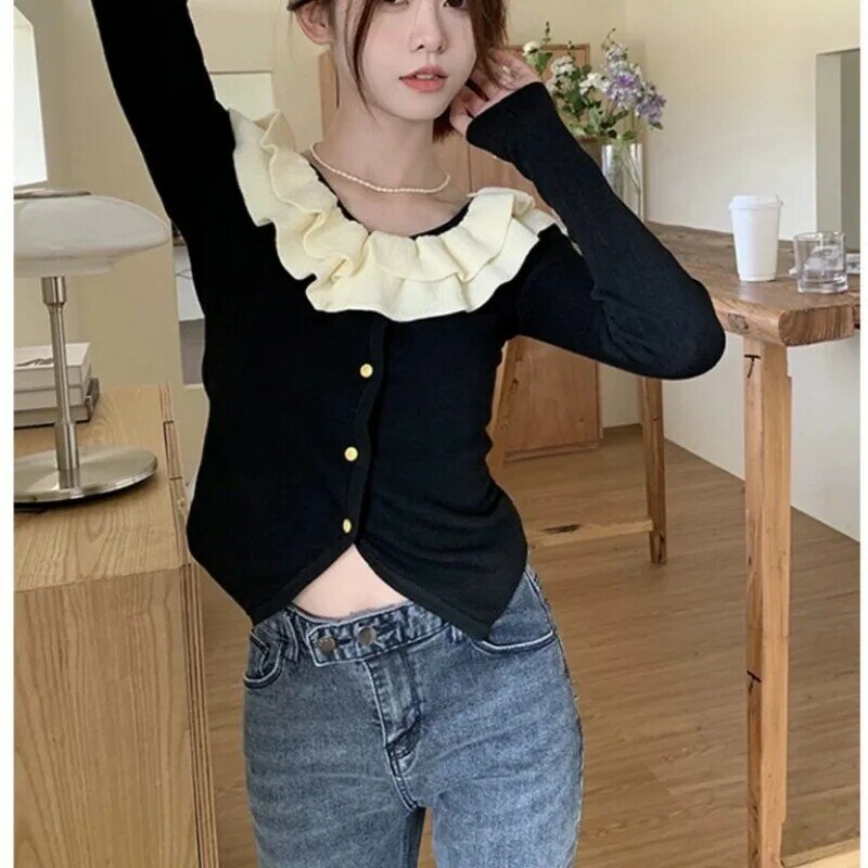 Lotus Collar Color Matching Long Sleeved Knitted Sweater for Women's Summer 2024 New Slim Fit French Long Sleeved Cardigan
