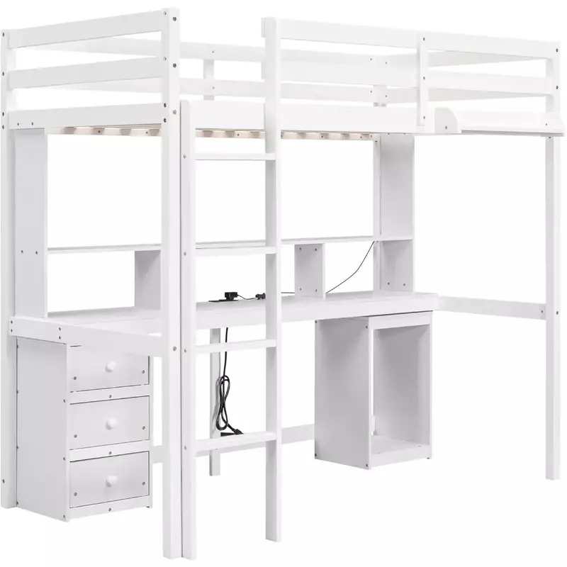 Doppel-Hochbett mit Multi-Storage-Schreibtisch, LED-Licht und Nachttisch, Ladestation, weiß