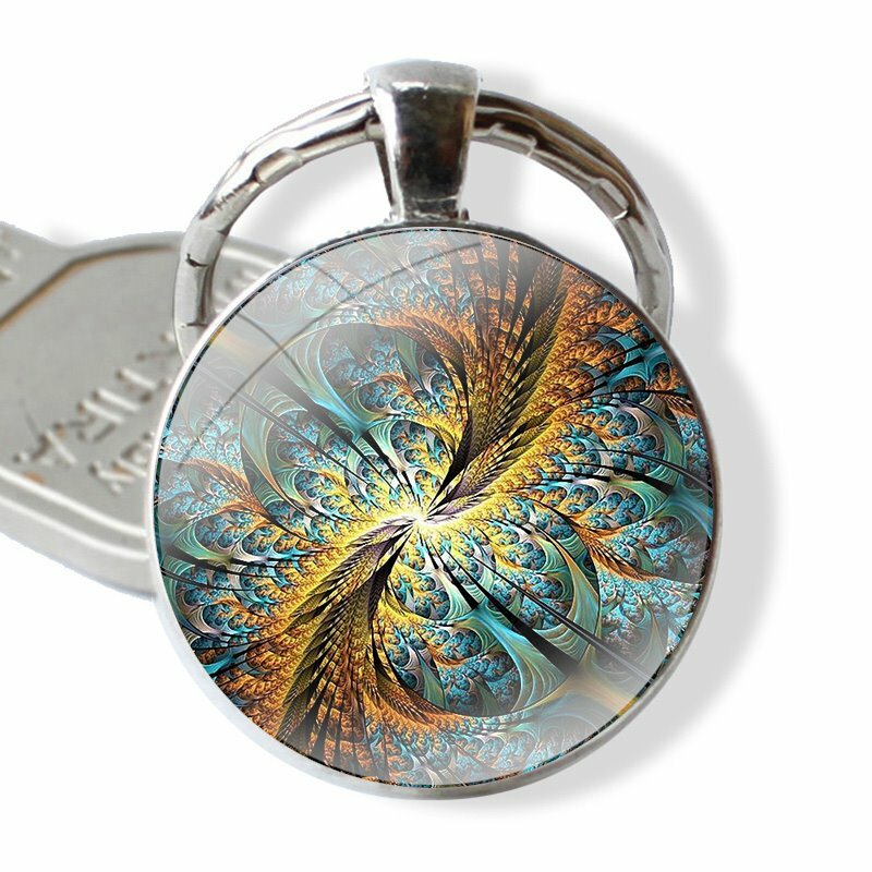 Mandela Light Dark Flower Keychain Handmade Glass Cabochon Key Ring Holder Pendant Key Chains