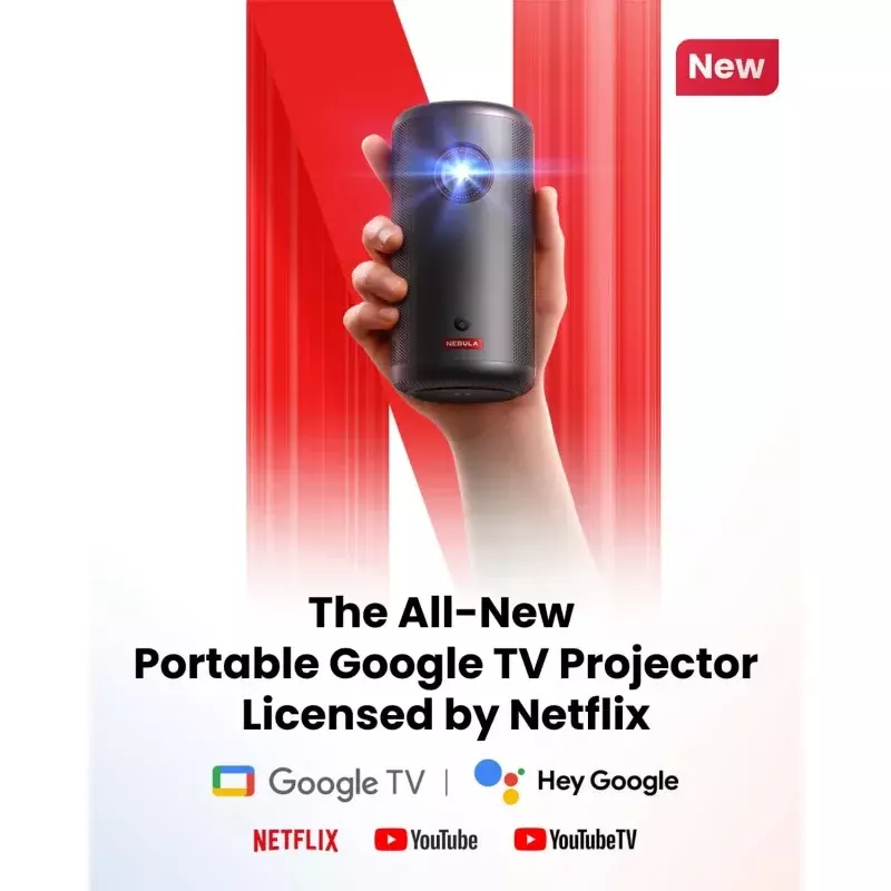Nebula Kapsel 3 GTV Projektor, Netflix offiziell lizenziert, 1080p Smart Mini Projektor mit Wi-Fi, 2,5 Stunden Spielzeit, 120-i