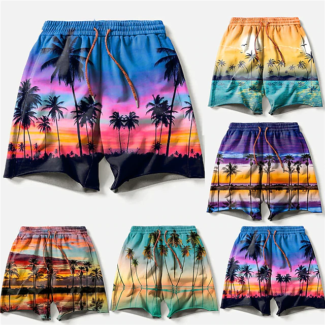 Pantalones cortos de tabla para hombre, bañador con cordón, estampado gráfico de árbol de coco, secado rápido, microelástico, informal, Hawaiano