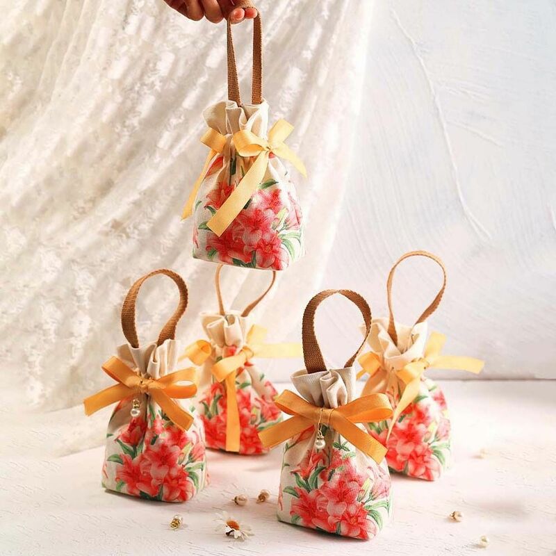 Корейский Холщовый праздничный тюльпан с цветочным шнурком, Холщовый сахарный мешок, свадебная сумочка с бантом и жемчугом, вместительная упаковочная сумка для ювелирных изделий